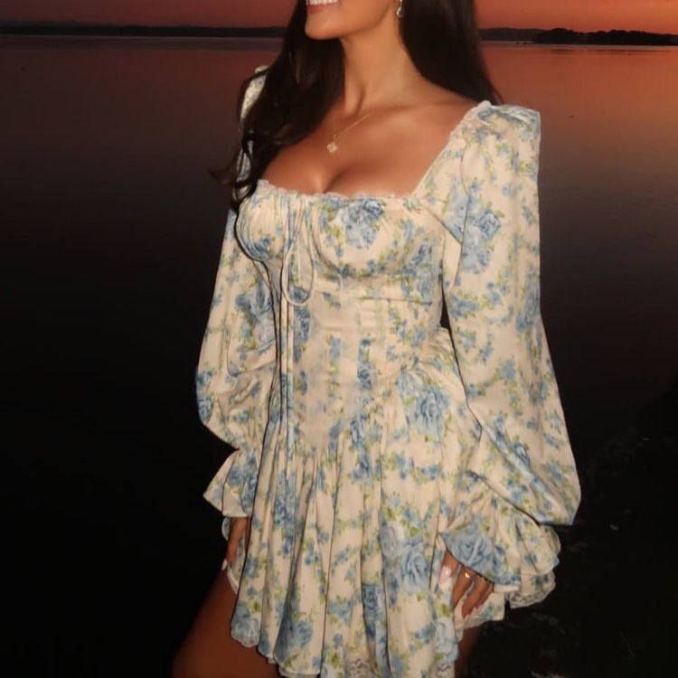 Ladies Corset Mini Dress with Puff Sleeves, Square Neckline and Tiered Ruffle Skirt Chichicherry