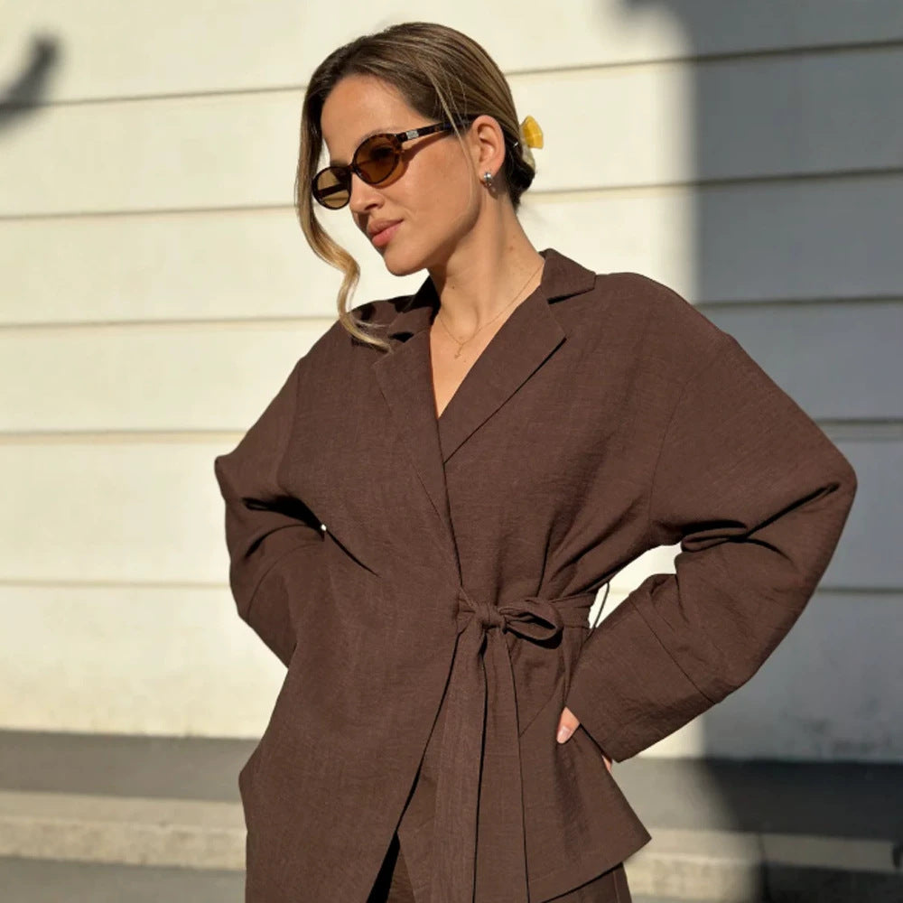 Women's Wrap Blazer with Tying Belt, Casual Oversized Cut and Lapel Collar Chichicherry