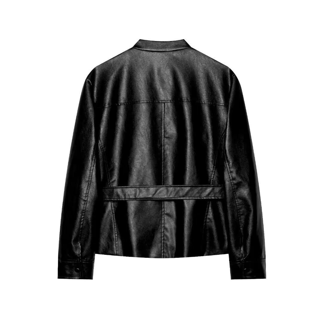 Women Cropped Safari Jacket made of vegan leather with tying belt and epaulettes Chichicherry
