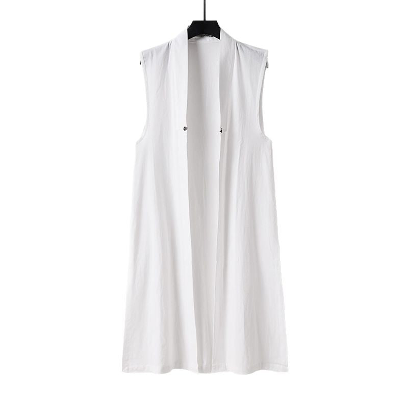Women's Long Sleeveless Kimono Vest made of Linen Blend with Narrow Shawl Collar and Decorative Toggle Closure Chichicherry