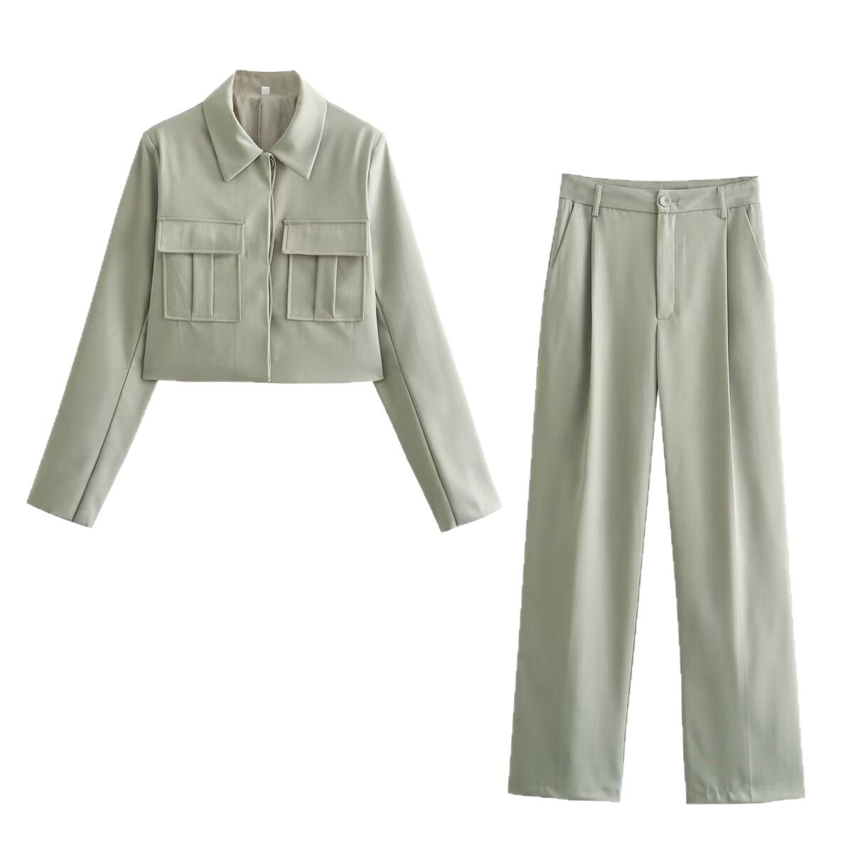 Women's short-cut faux leather jacket in field style with shirt collar and double flap pockets Chichicherry