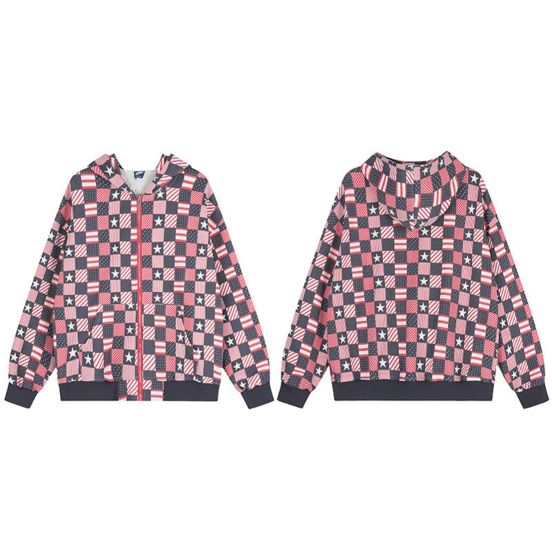 Women’s zip hoodie with allover patchwork stars and stripes pattern Chichicherry