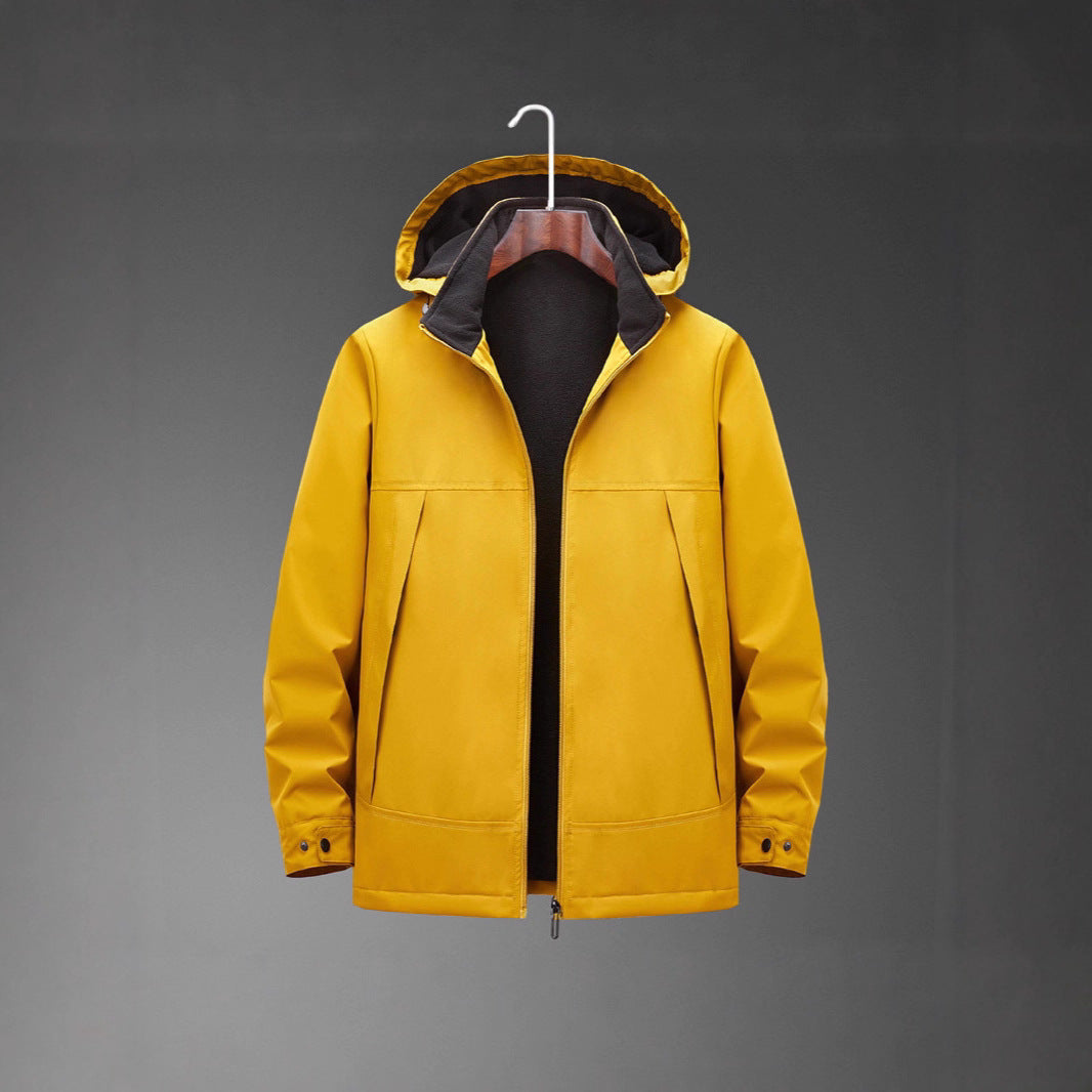 Men Water-Repellent Multi-Pocket Jacket with Hood and Fleece Lining Chichicherry