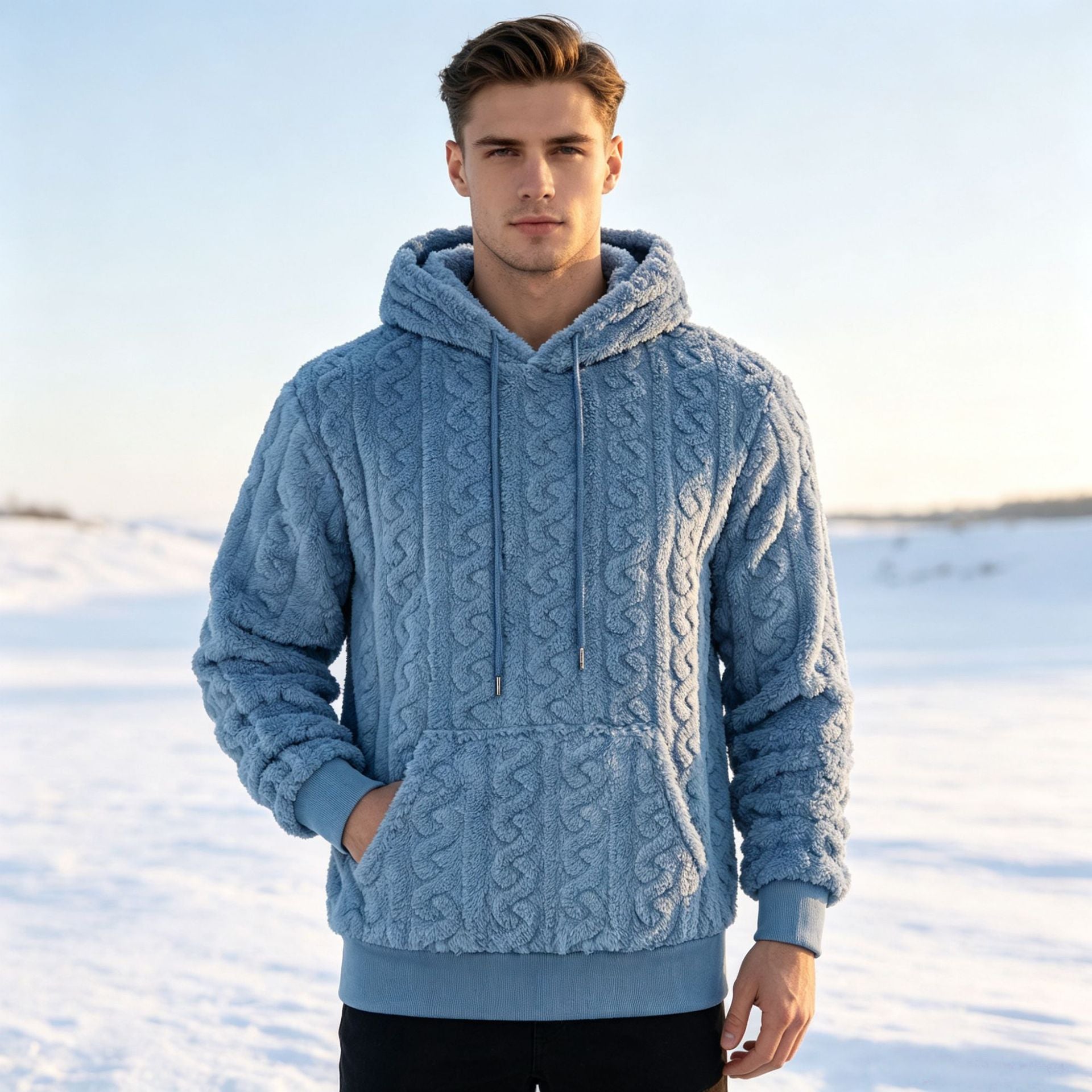 Men's Sherpa Hoodie with Cable Knit Pattern, Kangaroo Pocket and Ribbed Cuffs Chichicherry