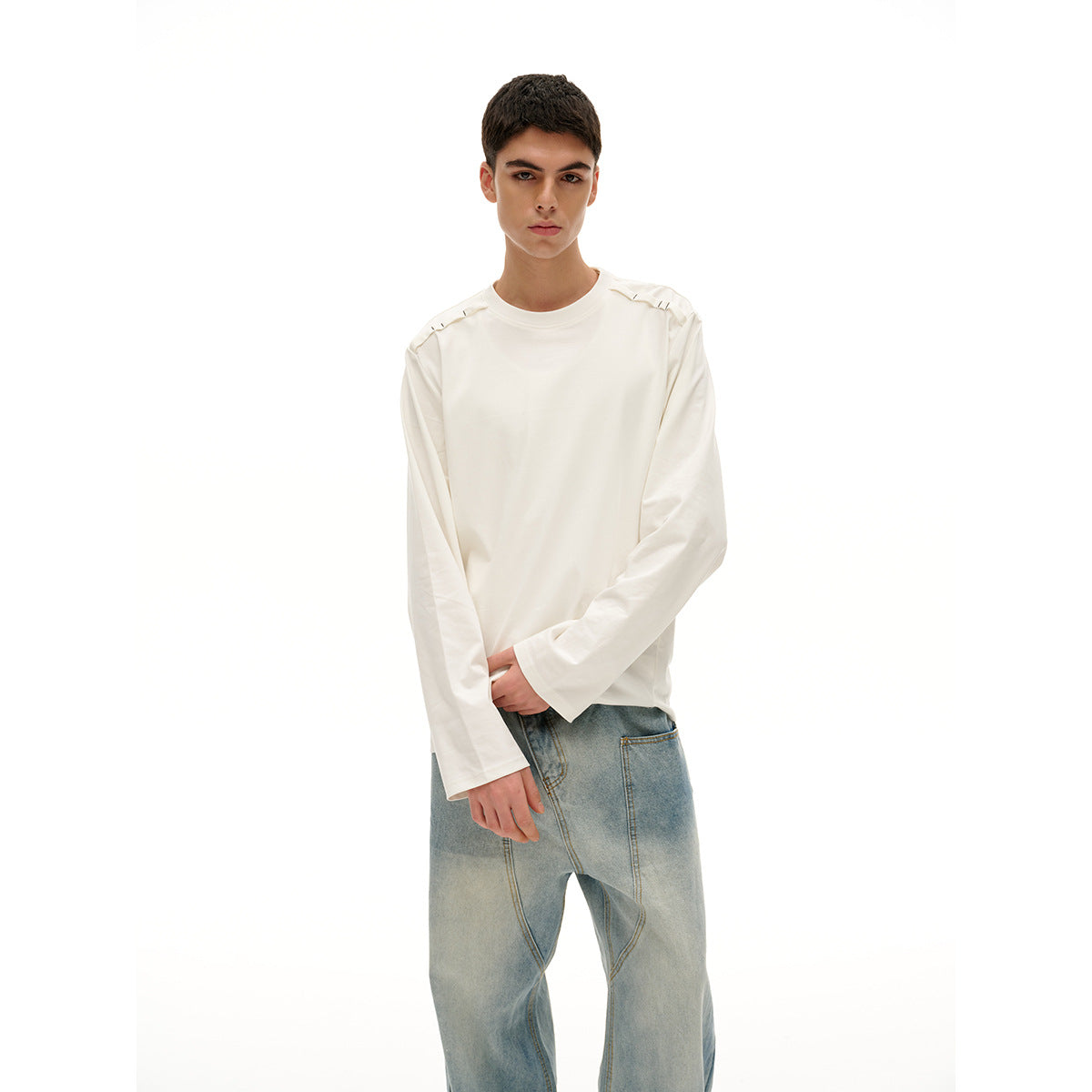 Unisex Long Sleeve Oversized T-Shirt with Crew Neck and Decorative Shoulder Detail Chichicherry