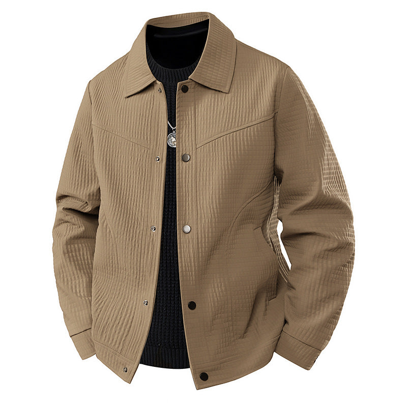 Men's Light Transitional Jacket in Worker Style with Microstructured Twill Look and Snap Button Placket Chichicherry