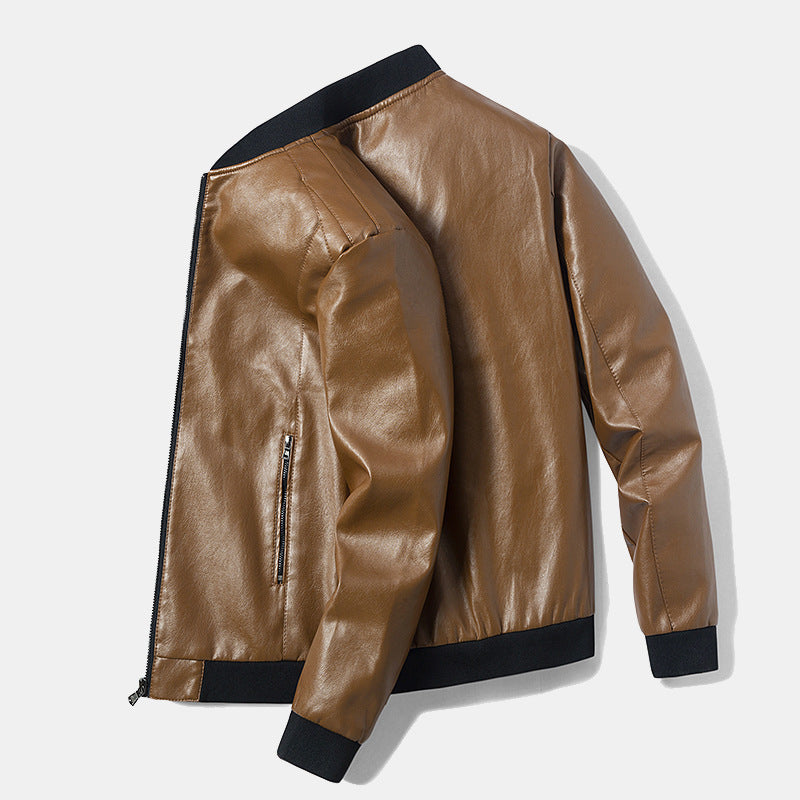 Men's slim faux leather bomber jacket with contrasting ribbed collar and concealed zipper Chichicherry