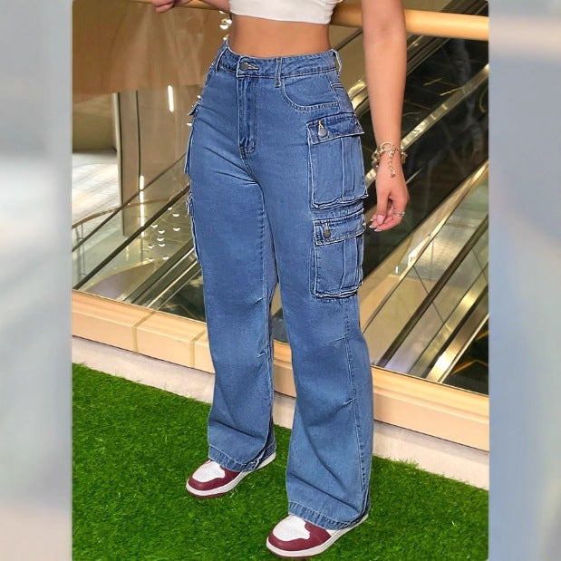 Women's Cargo Denim Pants with Wide Leg, High Waist & Multifunctional Flap Pockets Chichicherry