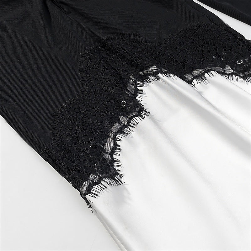 Women Two-tone Maxi Dress with Gathered V Yoke, Lace Trim and Long Sleeves Chichicherry