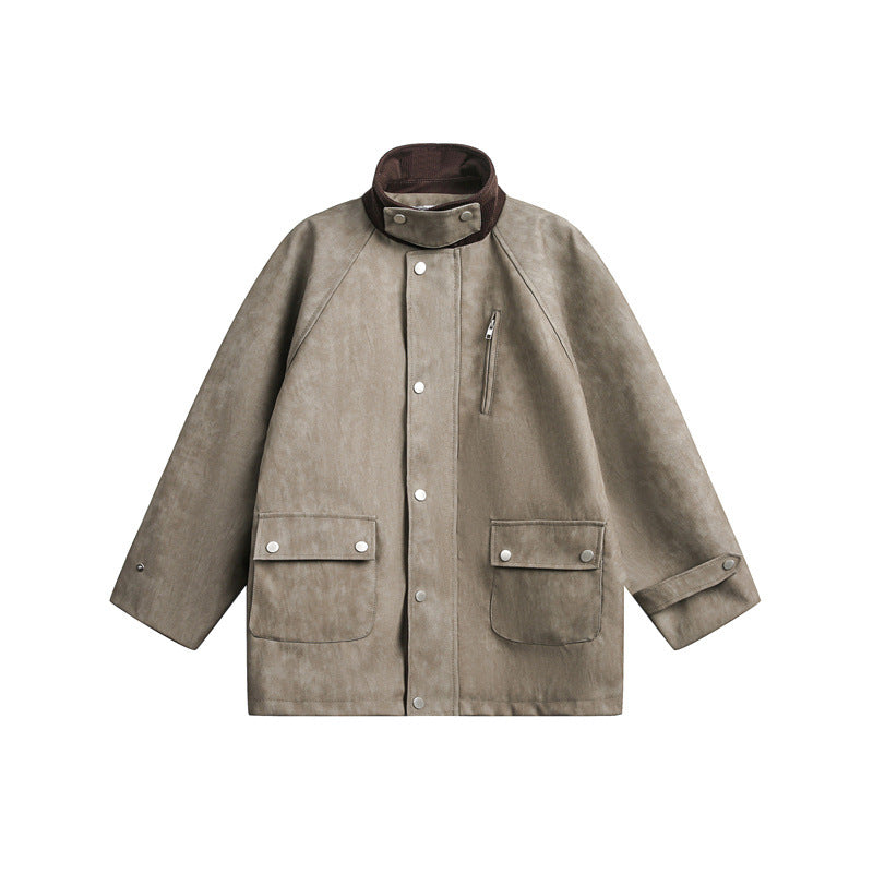 Unisex Short Cut Boxy Velour Utility Jacket with Stand-Up Collar and Flap Pockets Chichicherry