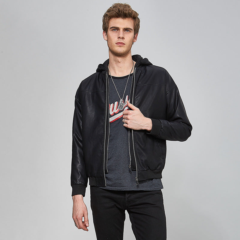 Men's Faux Leather Bomber Jacket with Hood, Zipper, and Ribbed Cuffs Chichicherry