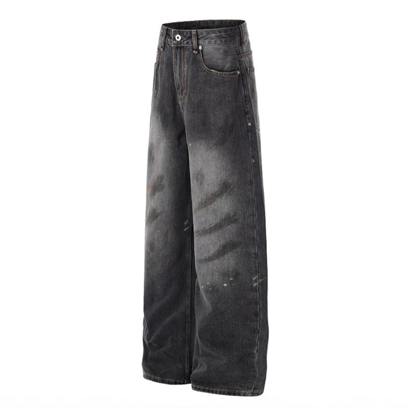Women High-Cut Loose Distressed Denim Culotte Jeans with Paint-Splatter and Used Effect Chichicherry