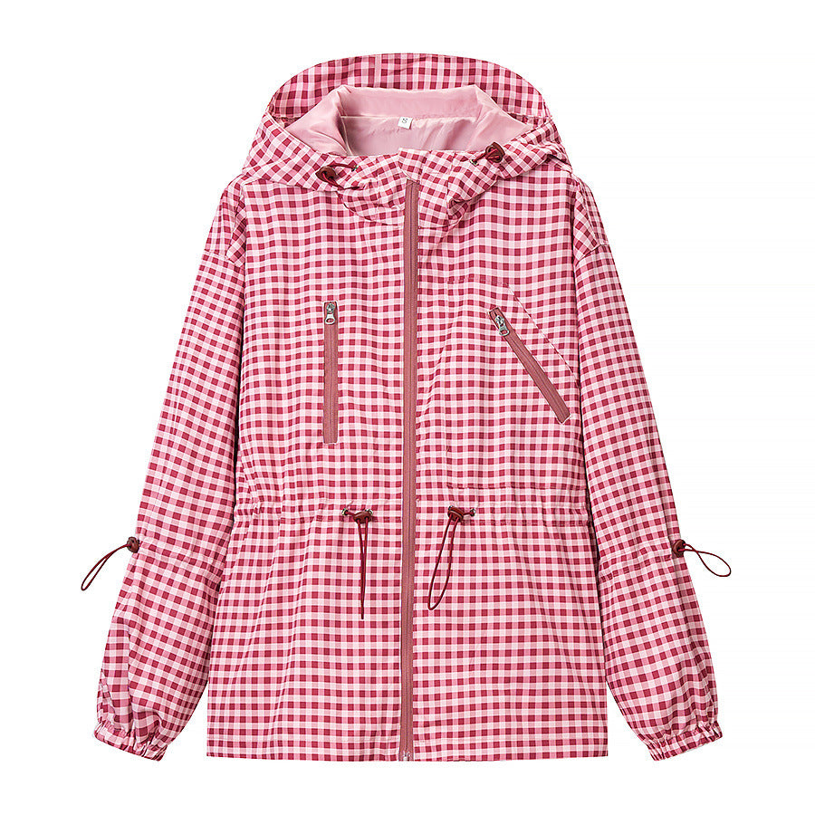 Women's Lightweight Checkered Hooded Jacket with Drawstring and Zipper Pockets Chichicherry