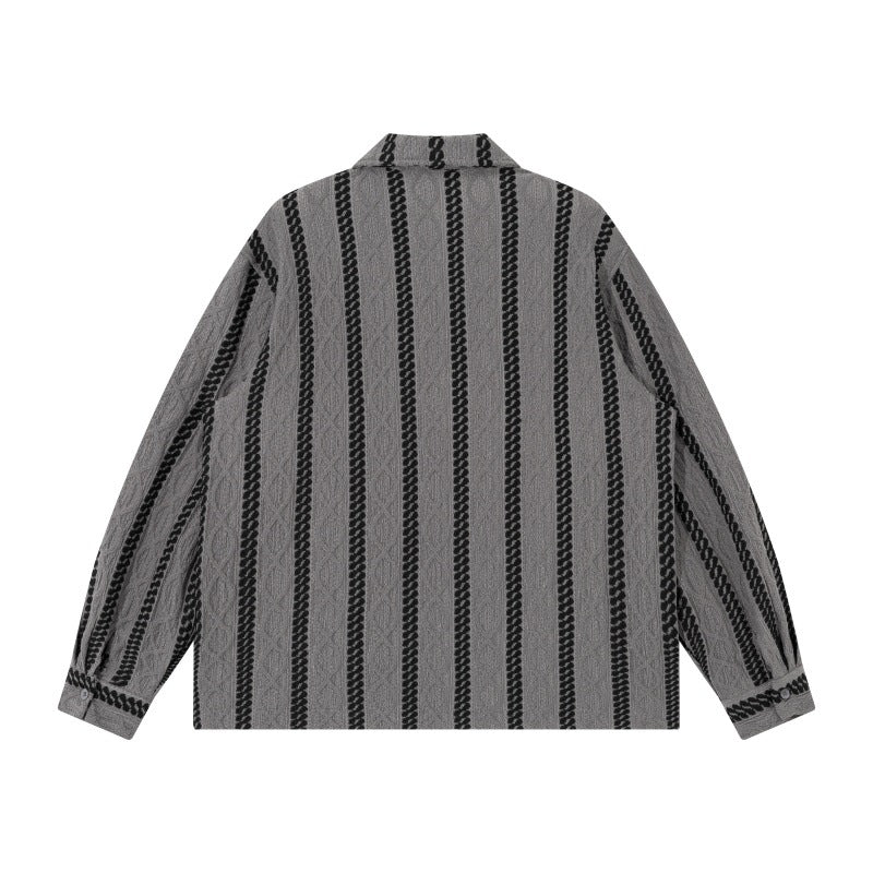 Unisex Lightweight Shirt Jacket with Camp Collar, Relaxed Fit and Vertical Braid Stripe Pattern Chichicherry