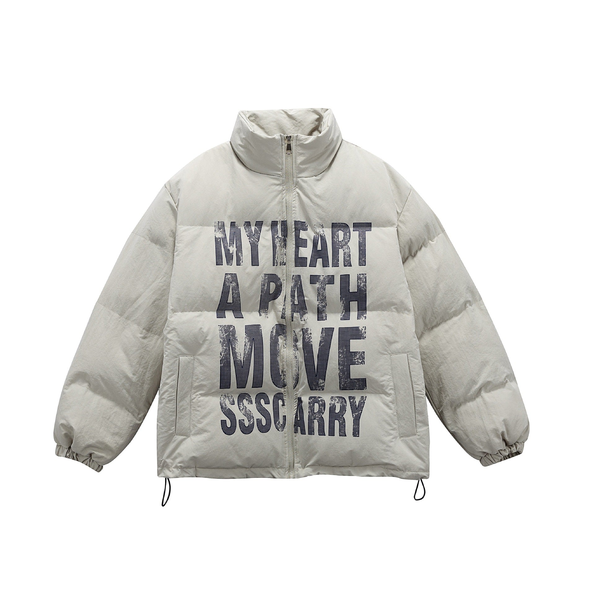 Unisex Oversized Padded Jacket with High Stand Collar and Statement Print Chichicherry