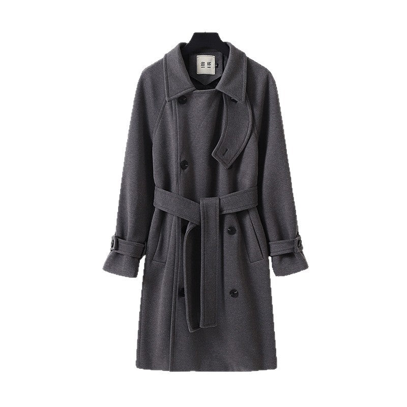Men's Dramatically Cut Double Breasted Wool Blend Long Coat with Collar Tabs and Tie Belt Chichicherry