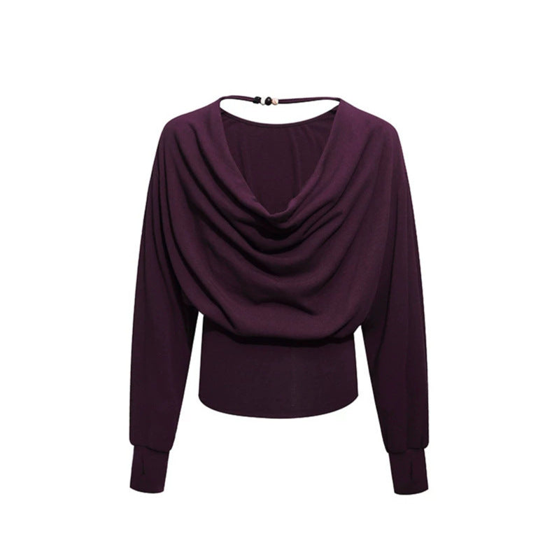 Women Draped Long Sleeve Top with Waterfall Collar, Open Back Strap and Fitted Ribbed Hem Chichicherry
