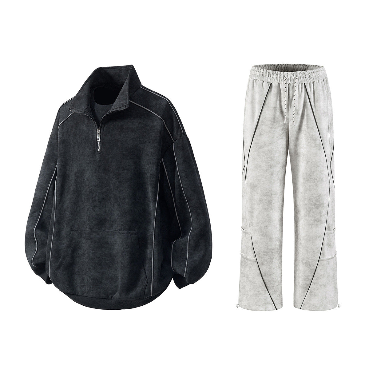 Men's Oversize Half-Zip Sweatshirt with Kangaroo Pocket, Contrast Piping and Balloon Sleeves Chichicherry