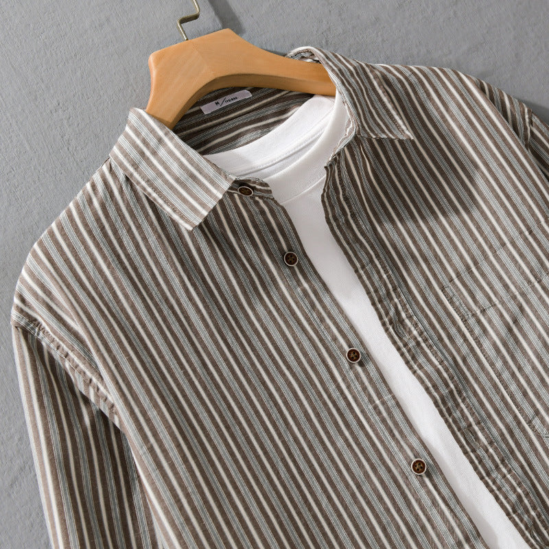 Men's Lightweight Striped Shirt Overshirt made of Linen-Cotton Blend with Relaxed Fit and Patch Chest Pocket Chichicherry