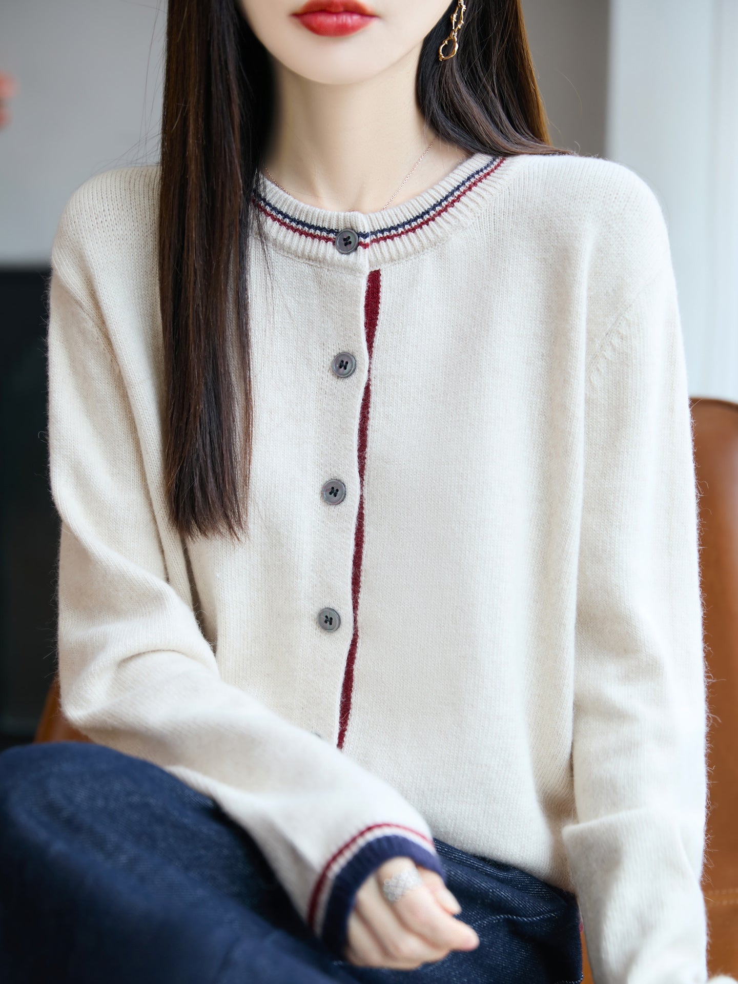 Women's Loose Fine Knit Cardigan with Contrast Stripes at Collar and Cuffs Chichicherry