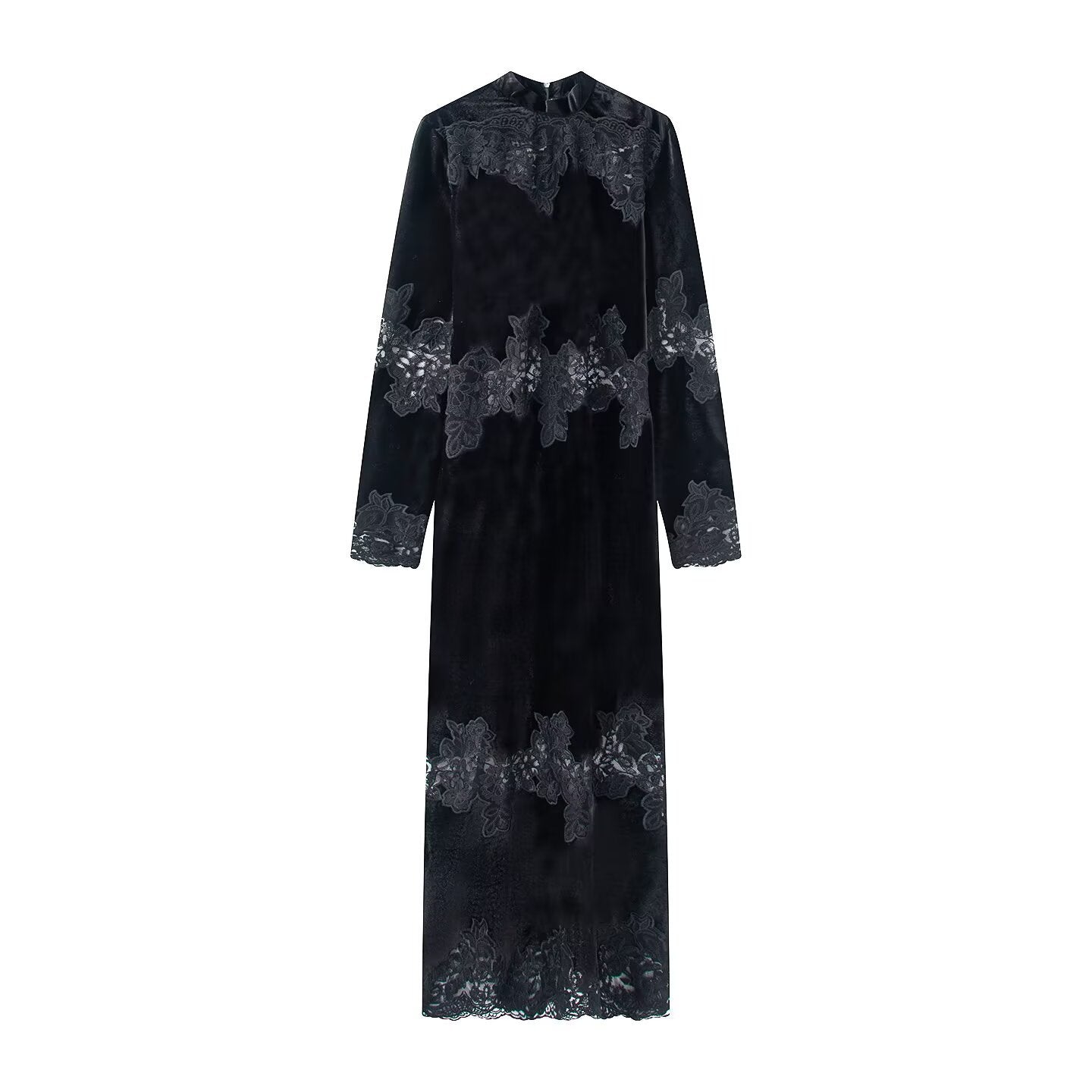 Women Velvet Maxi Dress with Lace Trim, Stand Collar and Long Sleeves Chichicherry