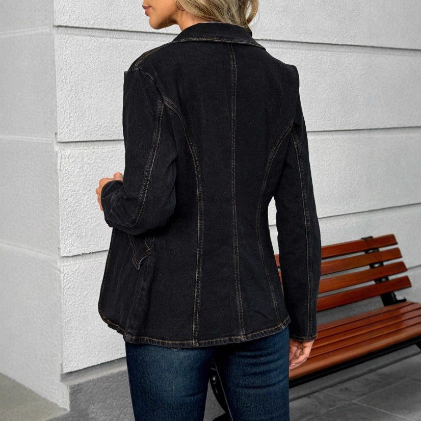 Women's tailored denim blazer jacket with lapel collar and contrasting stitching Chichicherry