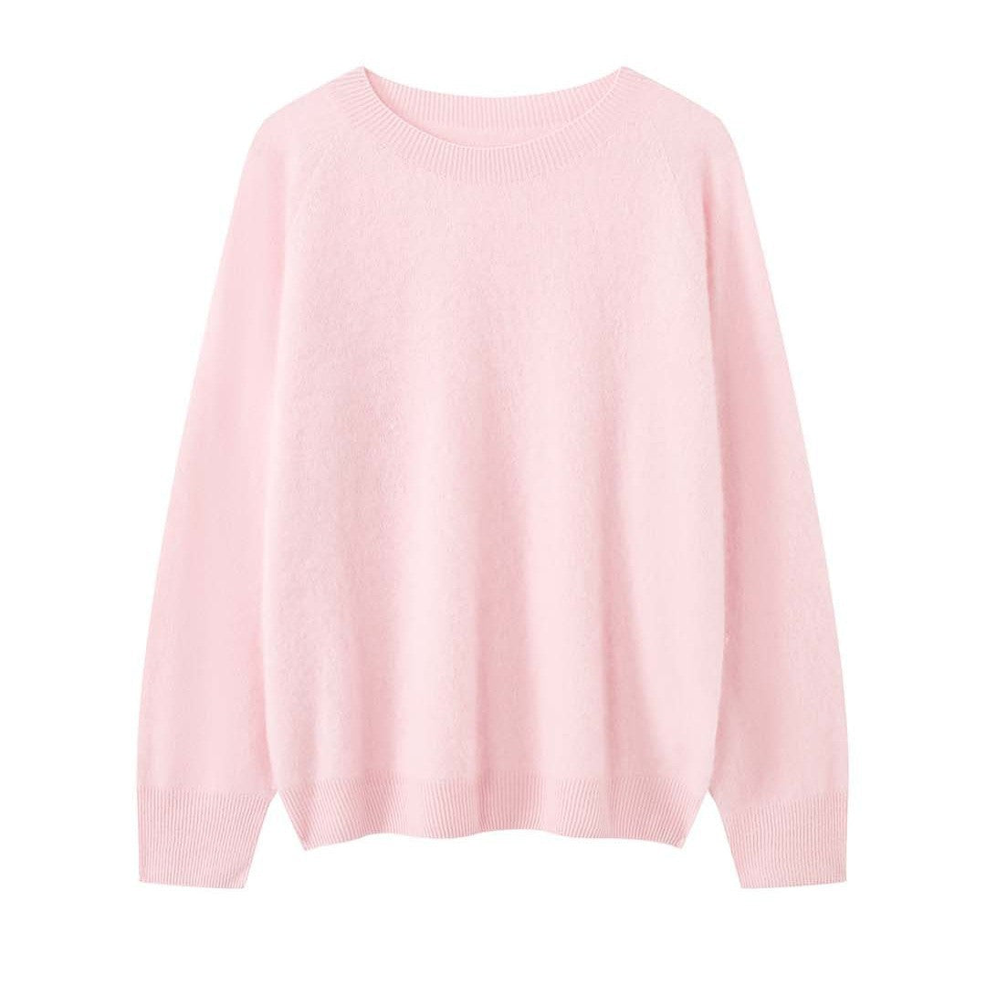 Women Soft Fluffy Knit Sweater with Fine Round Neck and Ribbed Hem Chichicherry
