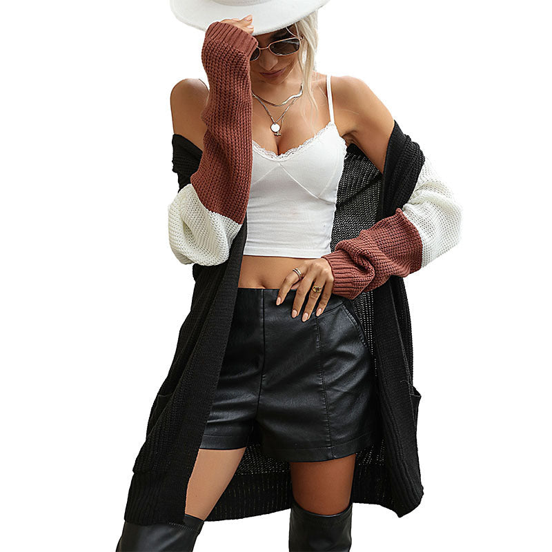 Women's Long Oversized Knit Cardigan in Kimono Cut with Color Block Sleeves and Patch Pockets Chichicherry