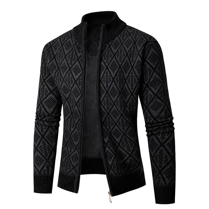 Men's knit zip jacket with diamond jacquard, standing collar and two-way zipper Chichicherry