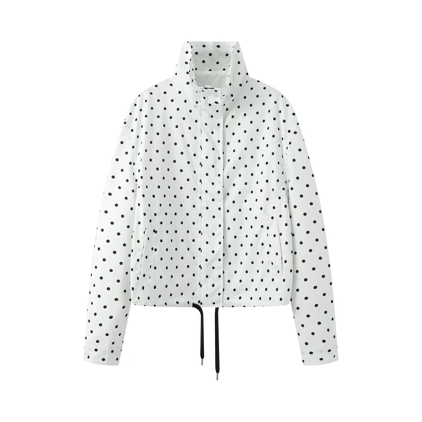 Women's Short Dotted Rain Jacket with Stand-Up Collar and Drawstring Chichicherry