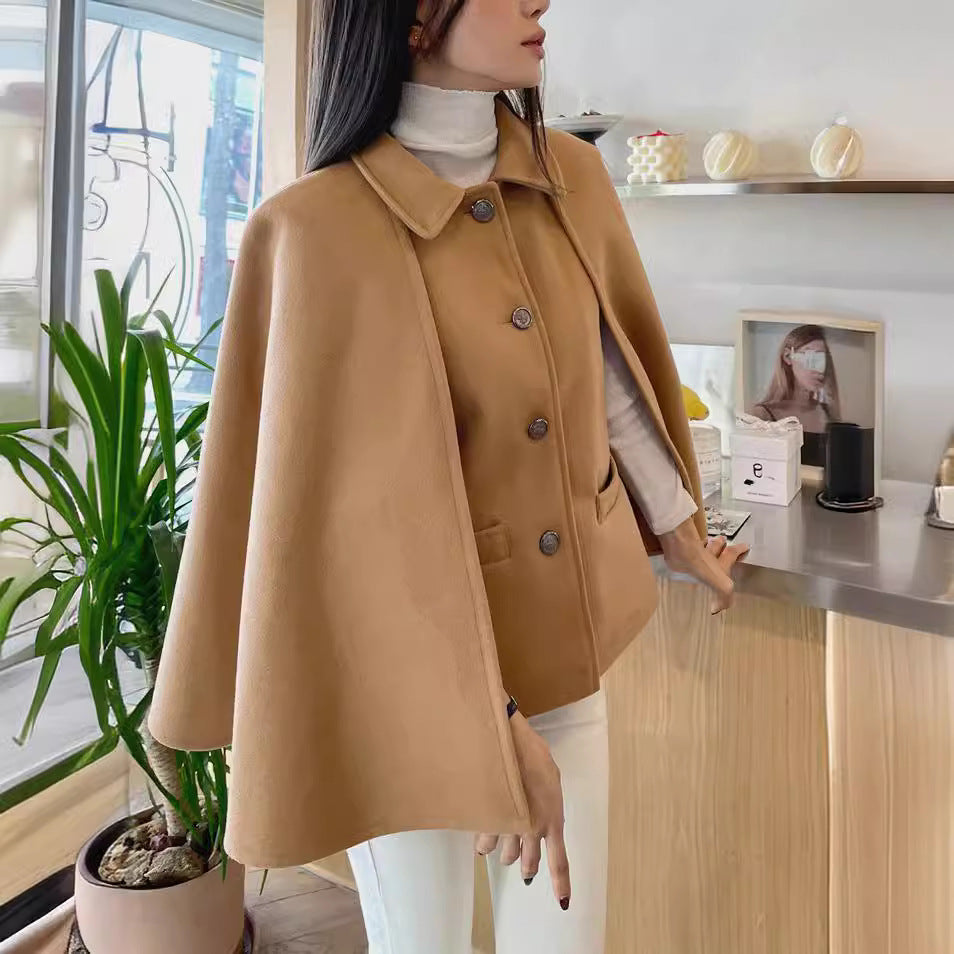 Women's Short Wool Blend Cape Coat with Shirt Collar and Patch Pockets Chichicherry