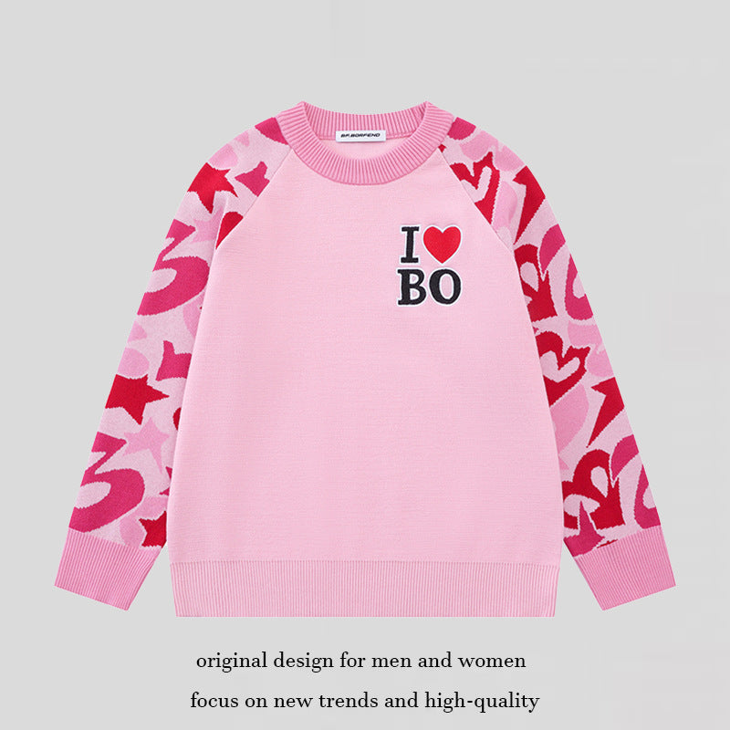 Women's knit sweater with raglan sleeves, statement jacquard sleeves, and ribbed hem Chichicherry