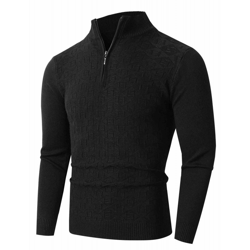 Men's Slim-Fit Fine Knit Half-Zip Sweater with Stand Collar and Geometric Relief Chichicherry