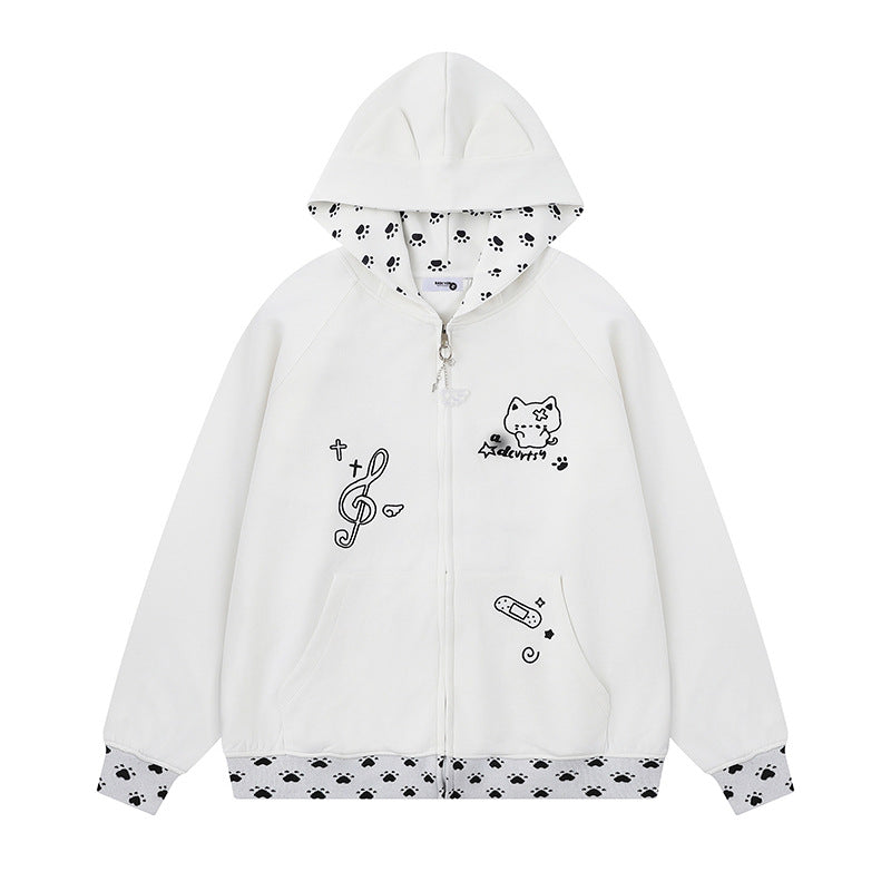 Women's hoodie with zipper in casual kawaii style, contrast hood, comic prints and ribbed cuffs Chichicherry