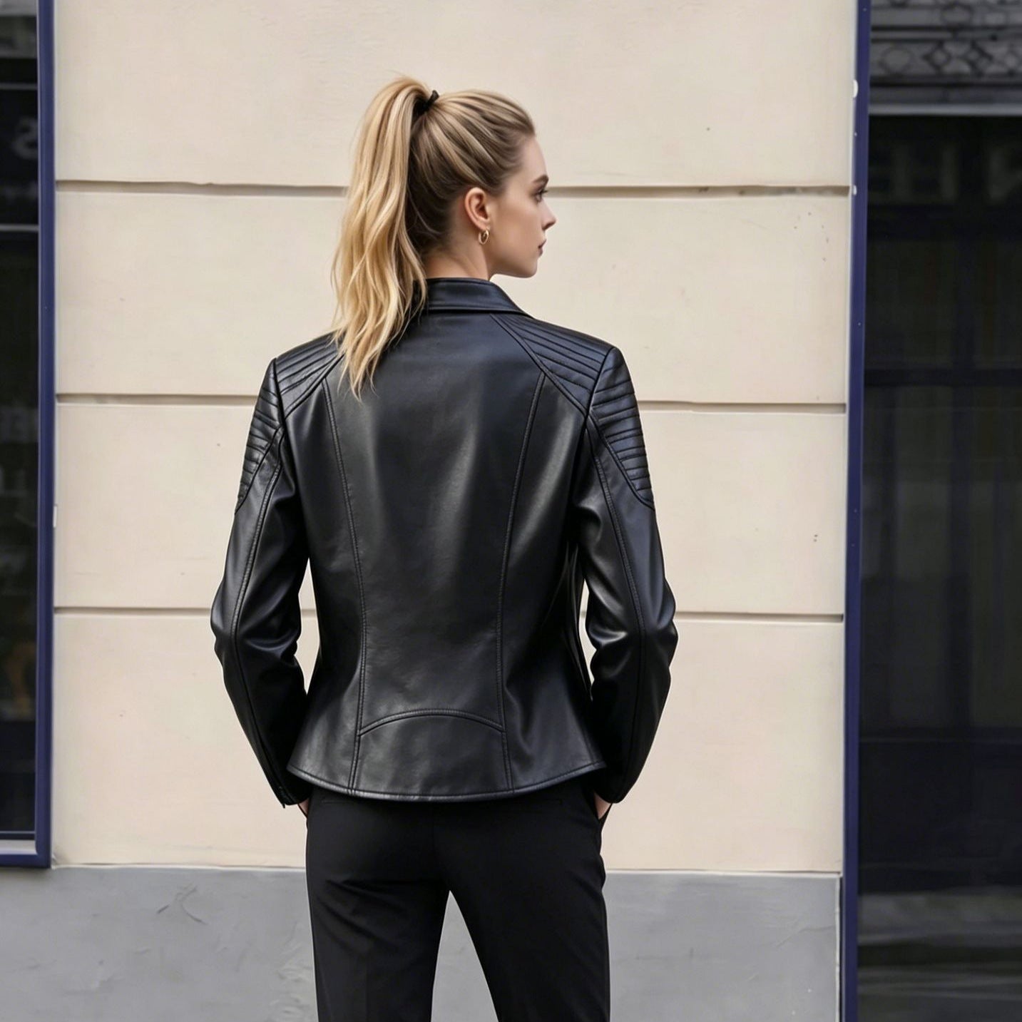 Women's Tailored Faux Leather Biker Jacket with Stand Collar and Quilted Details Chichicherry
