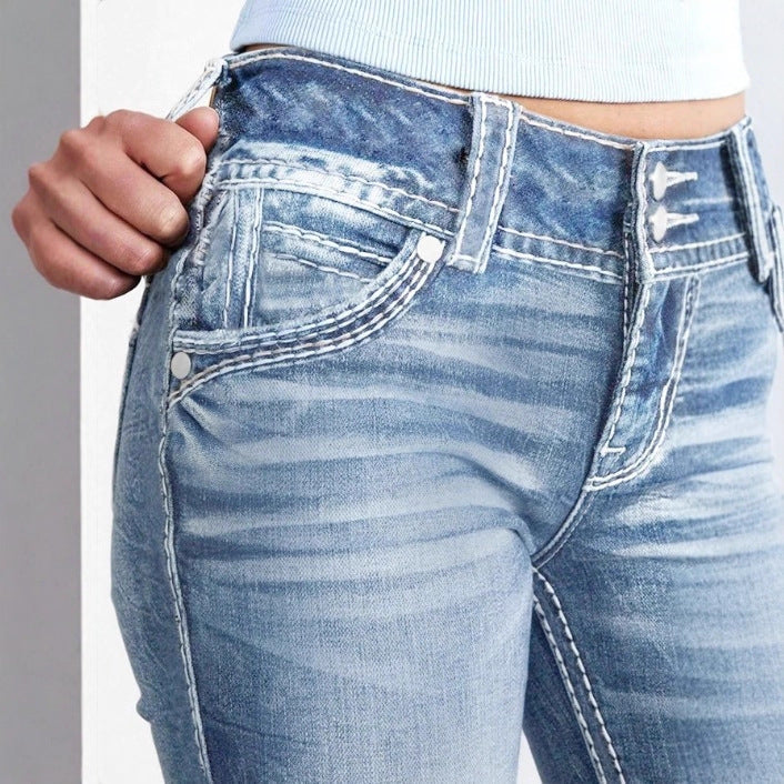 Women tight High-Waist Skinny Jeans with visible contrast stitching Chichicherry