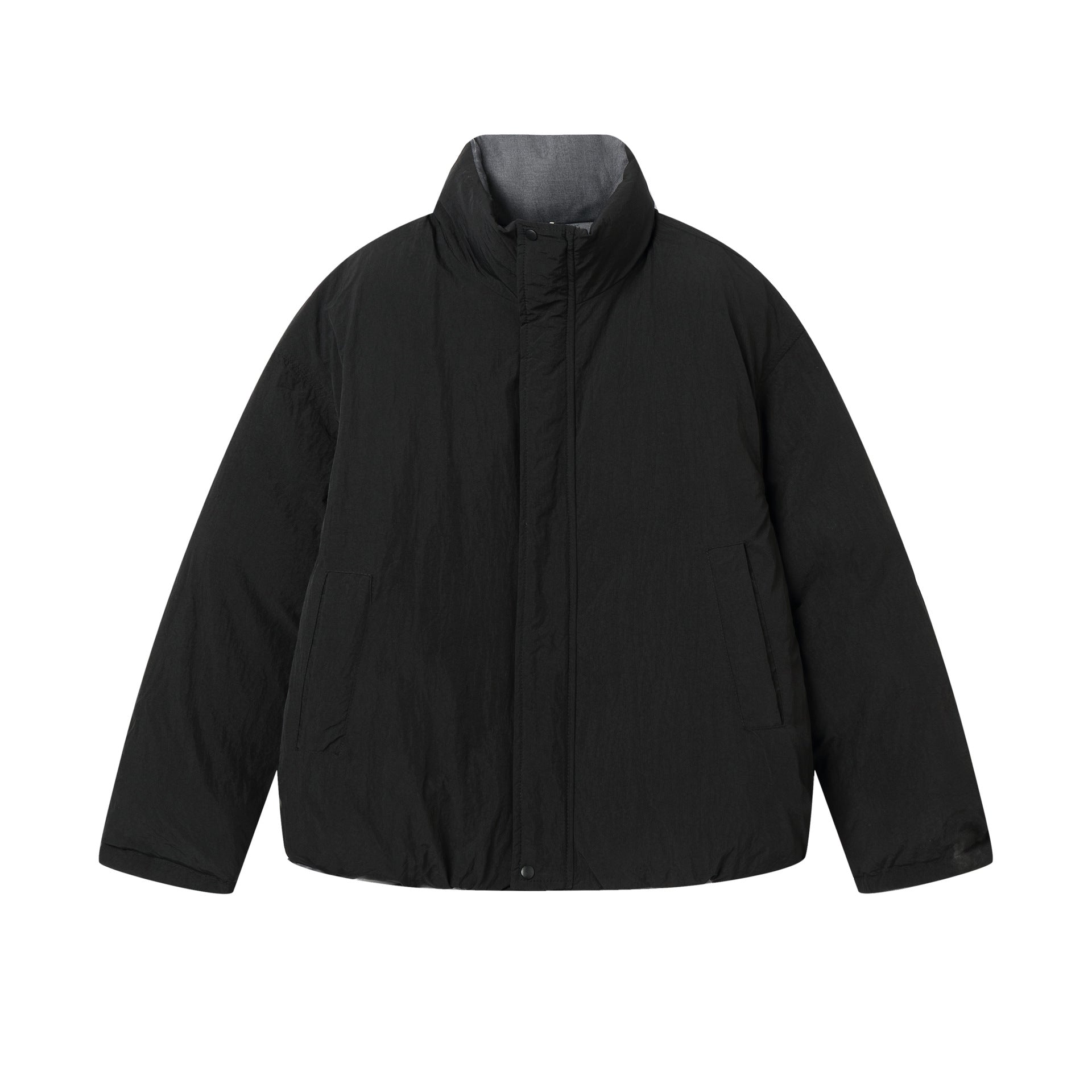 Unisex Reversible Puffer Jacket Short with High Stand-Up Collar and Concealed Closure Chichicherry