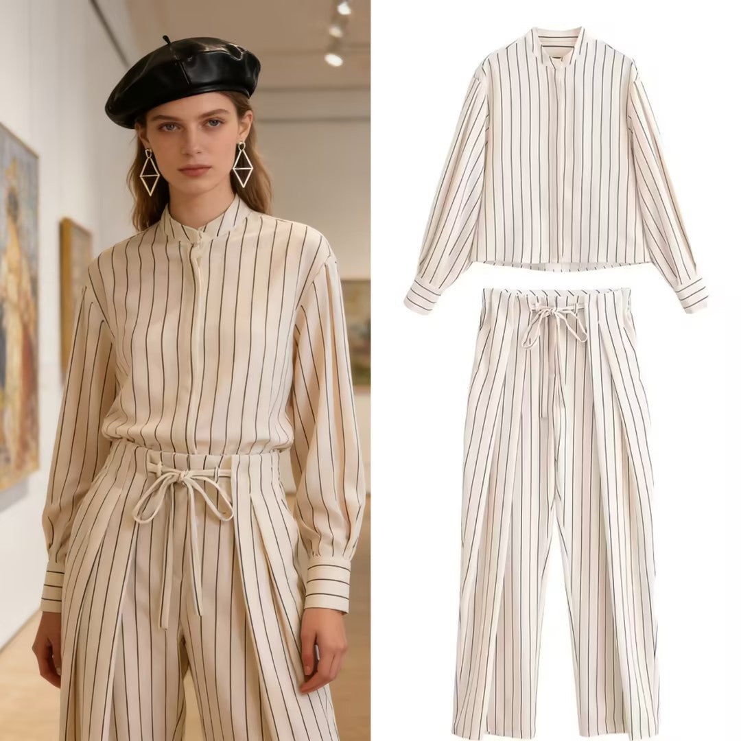 Women's High-waisted Wide Pleated Pants with Drawstring and Vertical Stripes Chichicherry