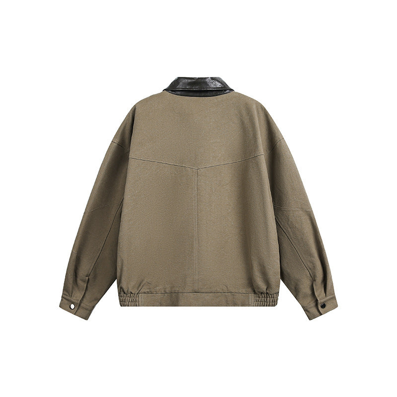 Men's Oversize Harrington Jacket with Faux Leather Collar, Flap Pockets, and Elastic Hem Chichicherry