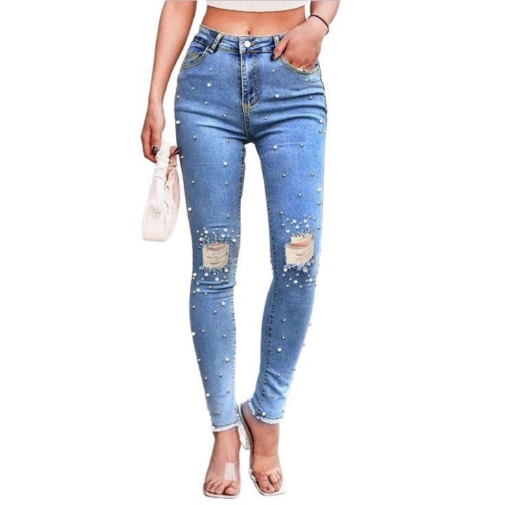 Women Pearl-Embellished High-Waist Skinny Jeans with Knee Rips and Raw Hem Chichicherry