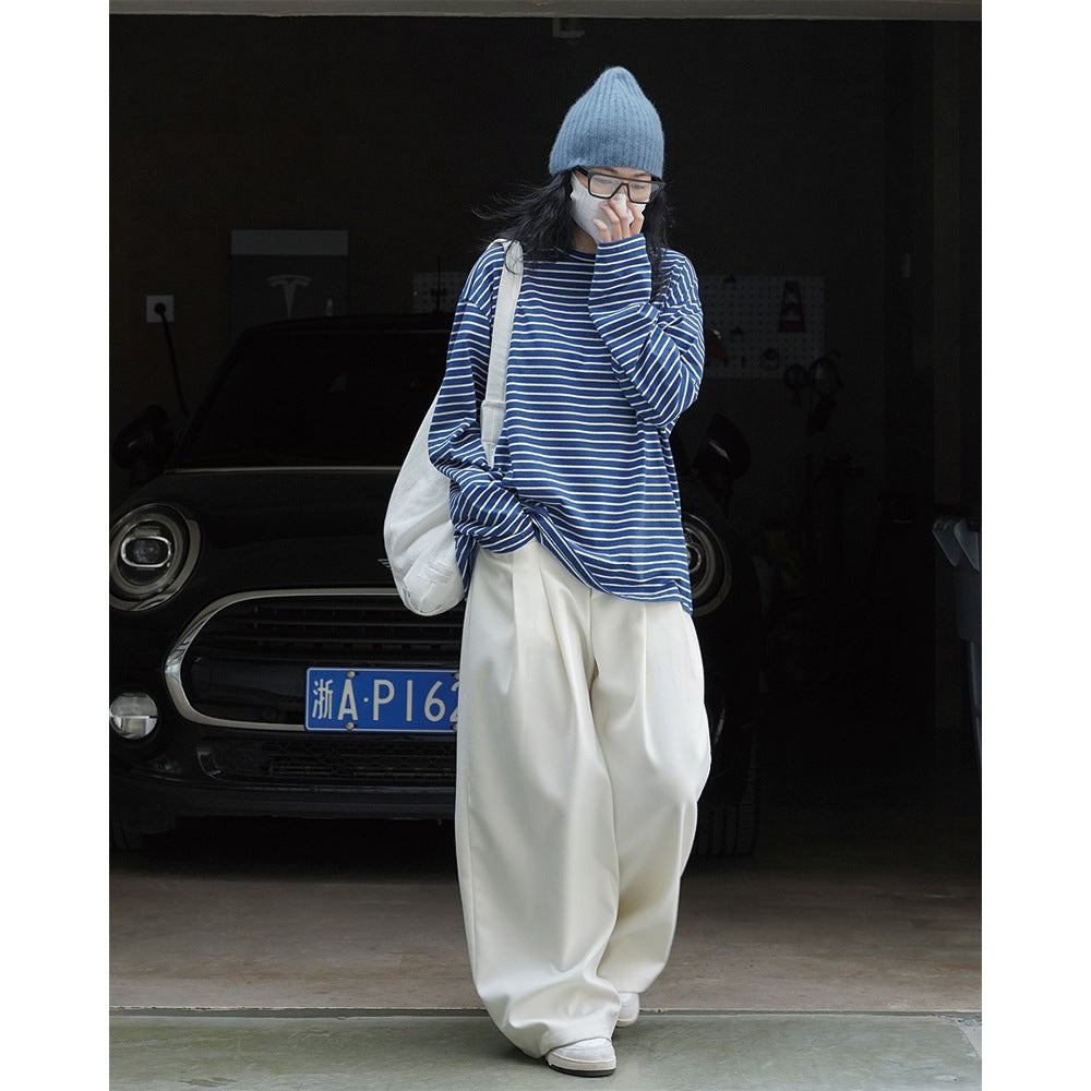Women Oversized Striped Long Sleeve from Cotton Jersey with Round Neck Chichicherry
