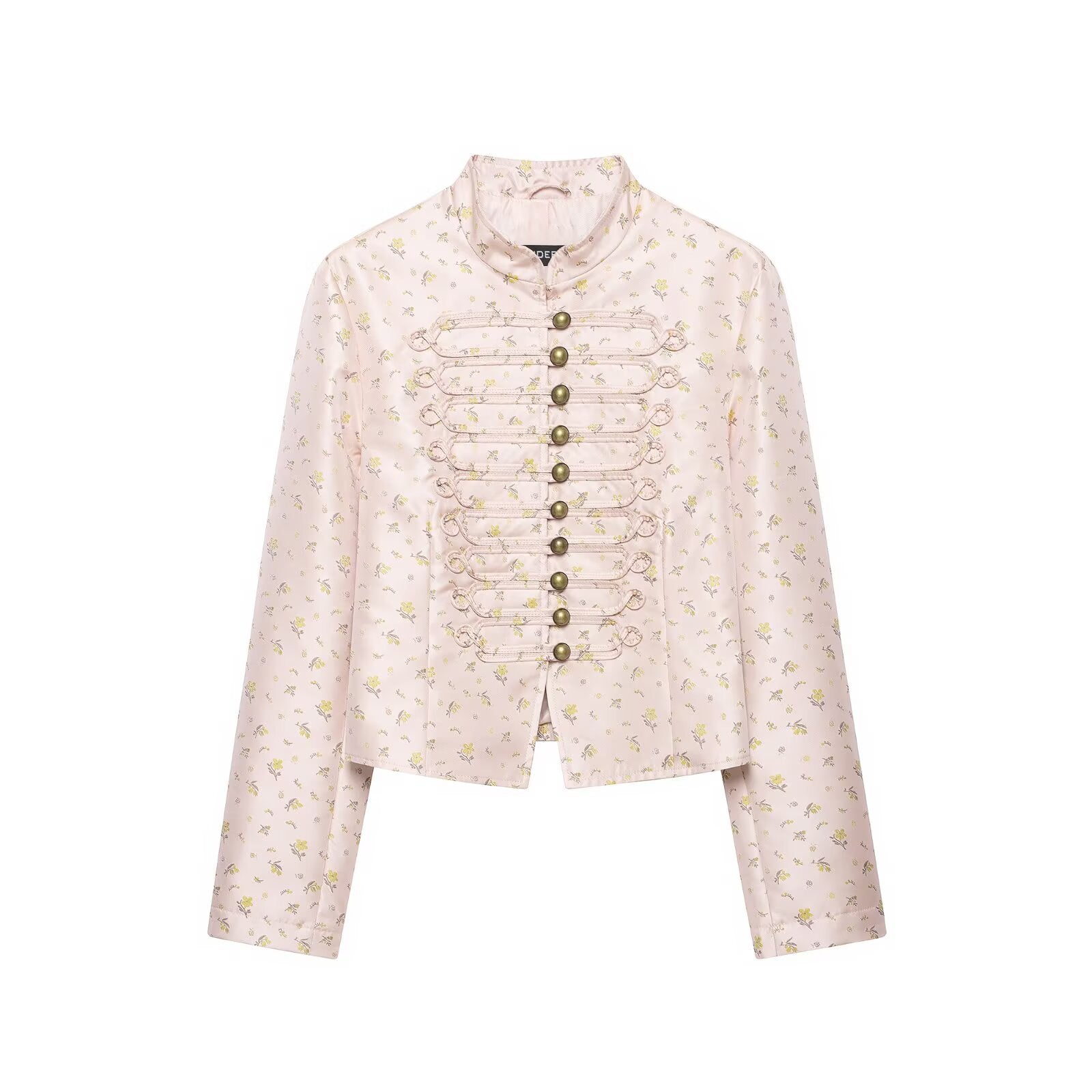 Women Cropped Satin Military Jacket with Stand-Up Collar and Decorative Frog Closure Chichicherry