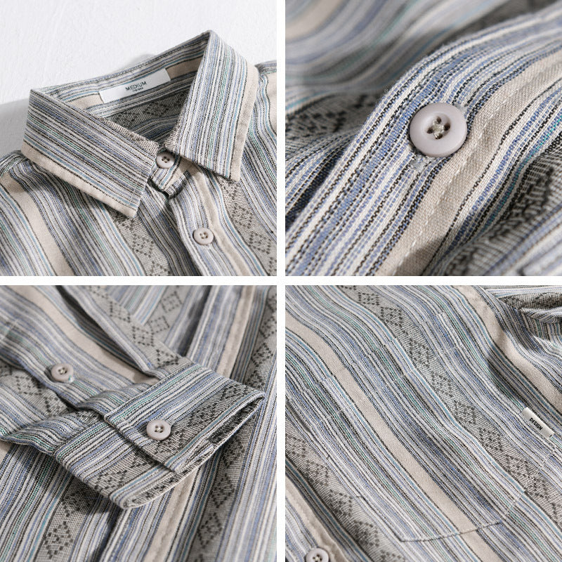 Men's Lightweight Striped Cotton-Linen Shirt in Ethnic Stripe Pattern Chichicherry