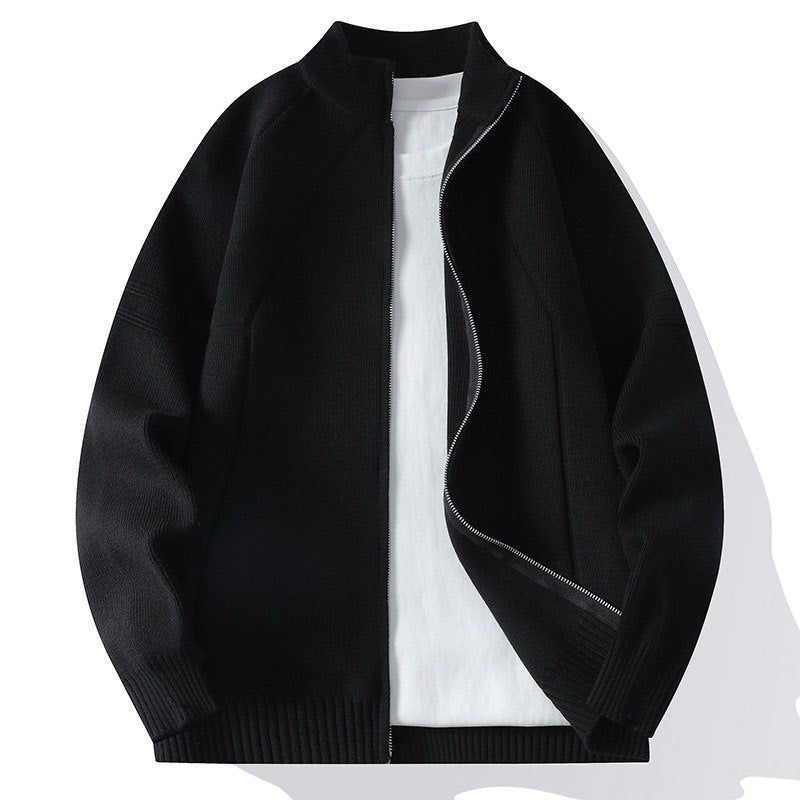 Men's Oversize Fine Knit Zip Jacket with Stand-Up Collar, Raglan Sleeves, and Ribbed Cuffs Chichicherry
