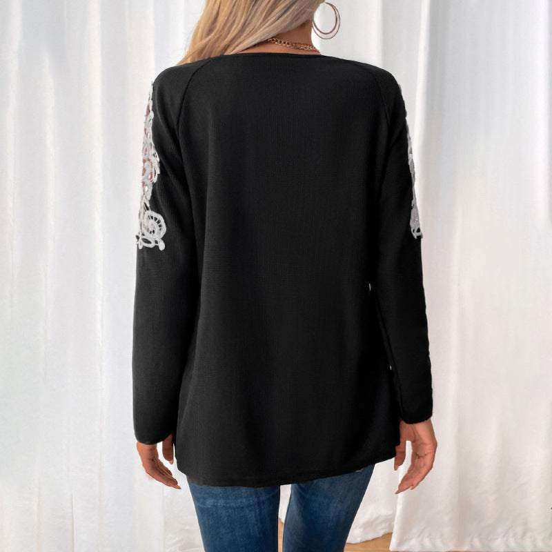 Women's Long Sleeve Tunic with V-Neck, Zipper and Floral Lace Sleeves Chichicherry