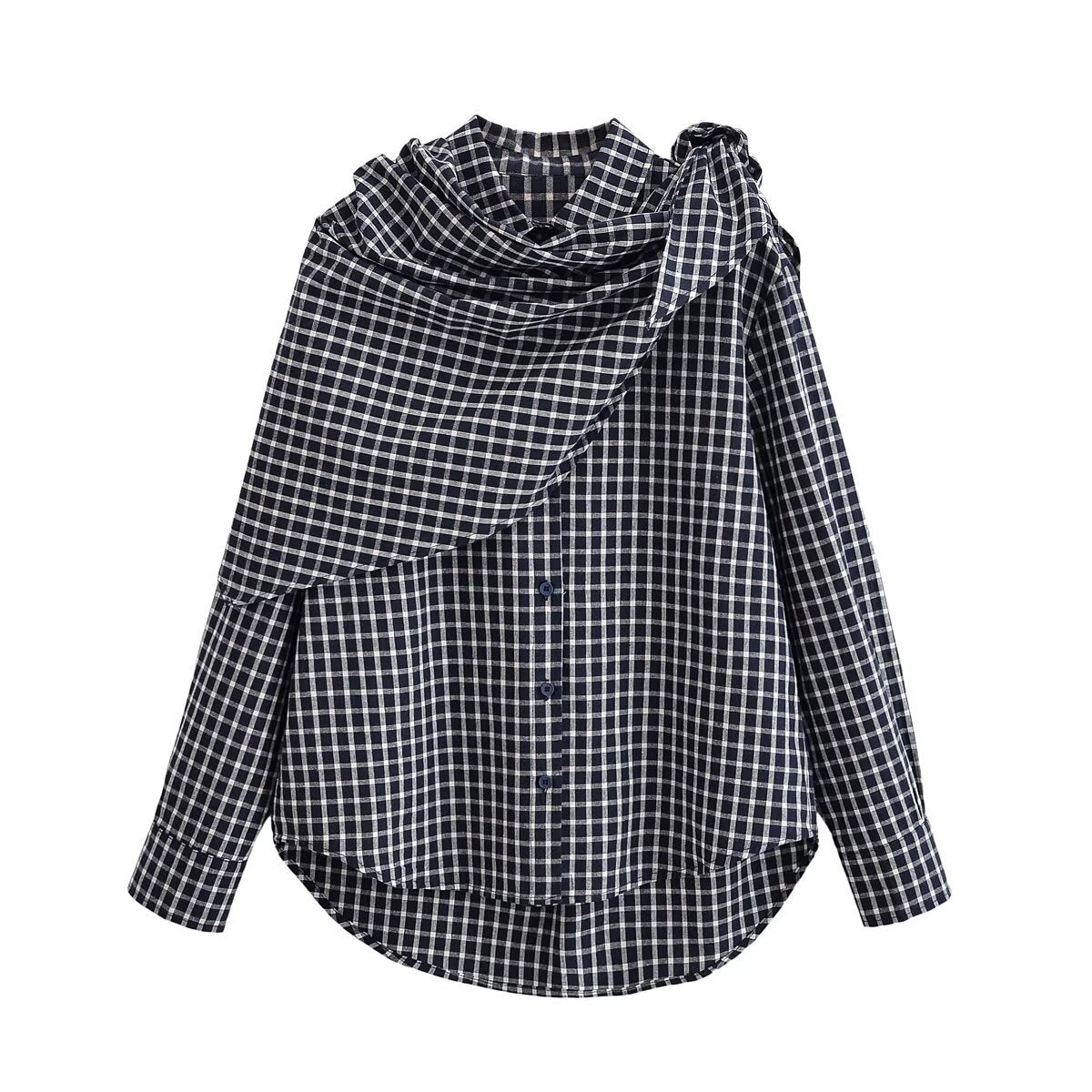 Women Asymmetrical Check Blouse with Integrated Scarf and Button Placket Chichicherry