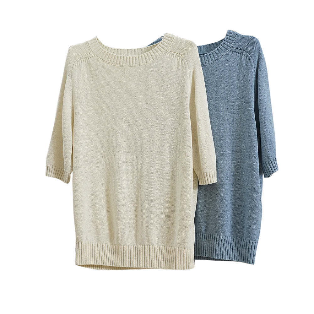 Women's Lightweight Fine Knit Sweater with Round Neck and Three Quarter Sleeves Chichicherry