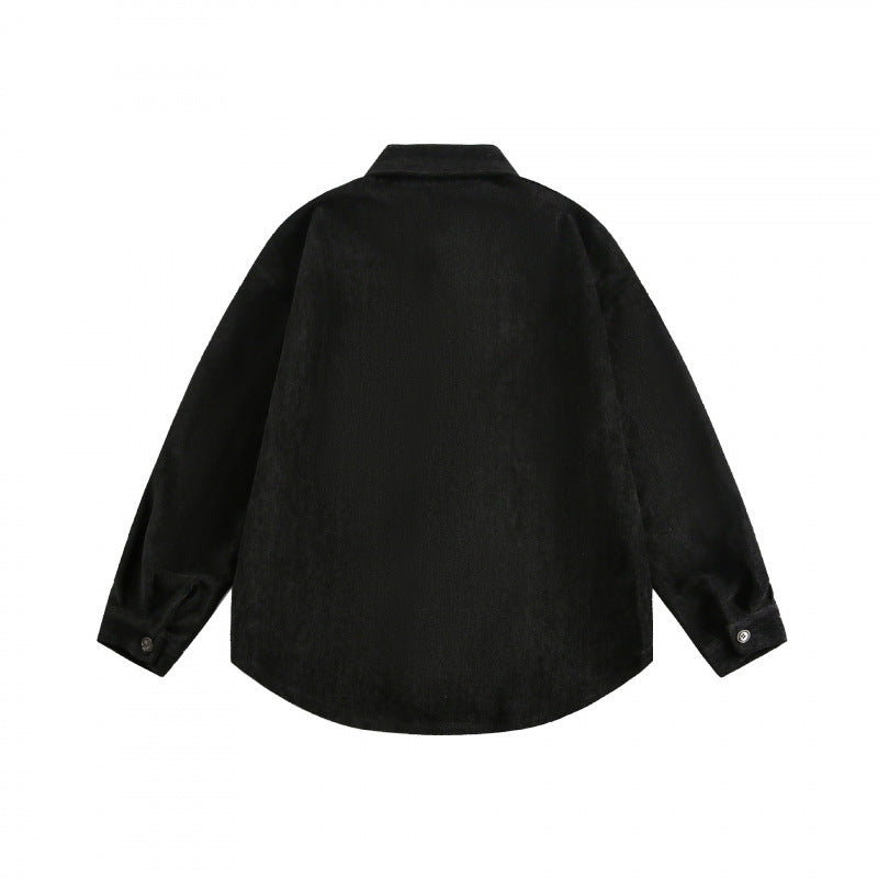 Unisex Oversized Velvet Shirt Jacket with Chest Pocket and Continuous Button Placket Chichicherry