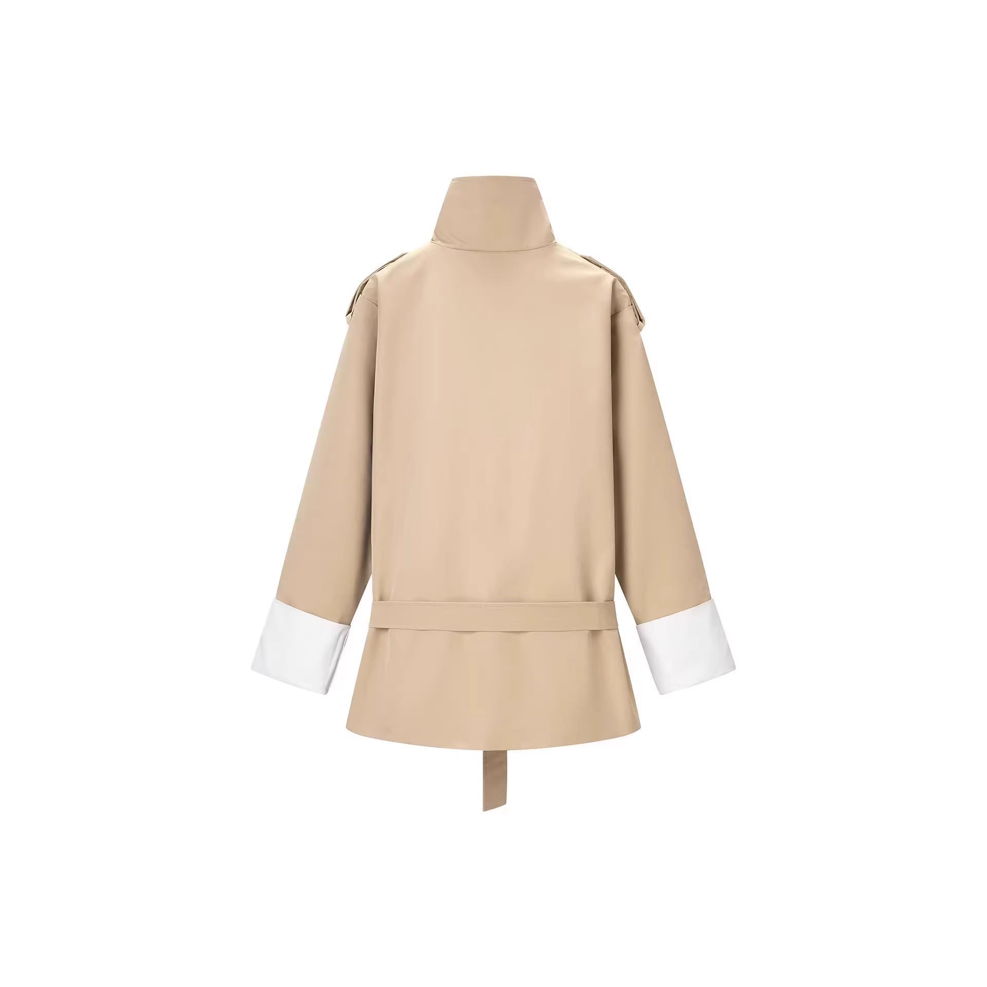 Women's Short Trench Coat with Waist Belt, Stand Collar and Contrast Cuffs Chichicherry
