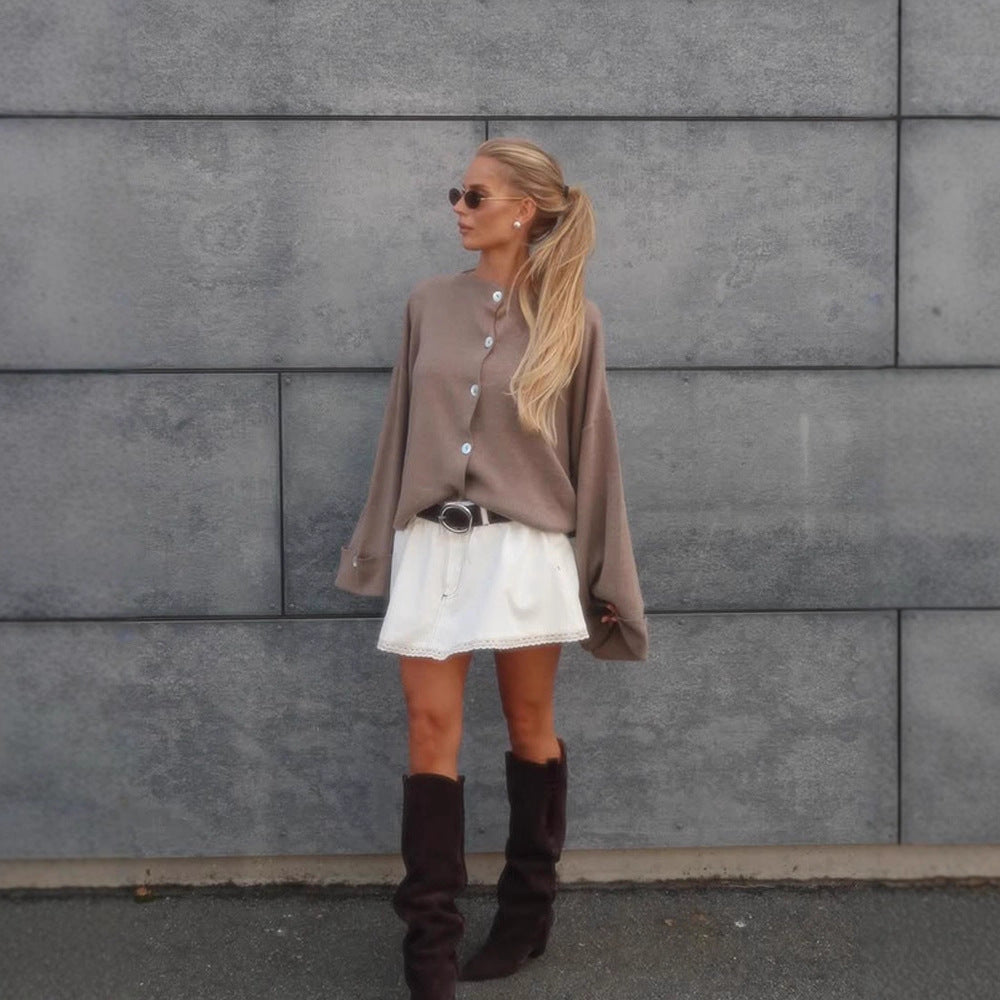 Women's Oversized Cropped Jacket with Wide Trumpet Sleeves and Button Cuffs Chichicherry